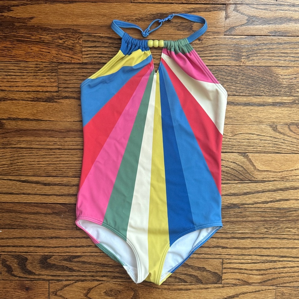 Girls Boden Colorful Rainbow Stripe Halter One-Piece Swimsuit size 7-8Y